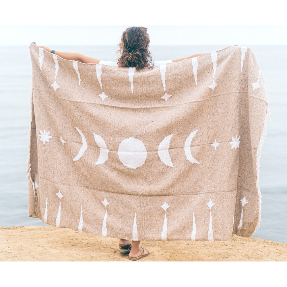 Moon Phases Blanket - Mexican Yoga Blanket Tan Beige White